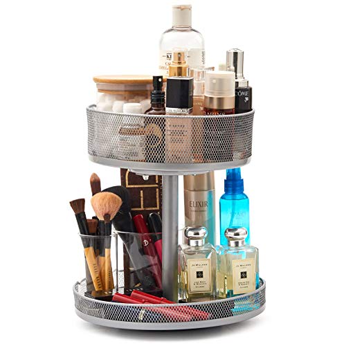 Ezoware 2 Tier Spinning Organizer Multifunctional Tall Deep Round Metal Mesh Deep Lazy Susan Turntable Storage Rotating Tray For Bathroom Vanity Kitchen Cabinet Countertop Silver Wantitall
