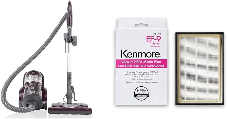 Kenmore Friendly Lightweight Bagless Compact Canister Vacuum with Pet Powermate, HEPA, Extended Telescoping Wand, Retractable Cord and 2 Cleaning Tools, Eggplant