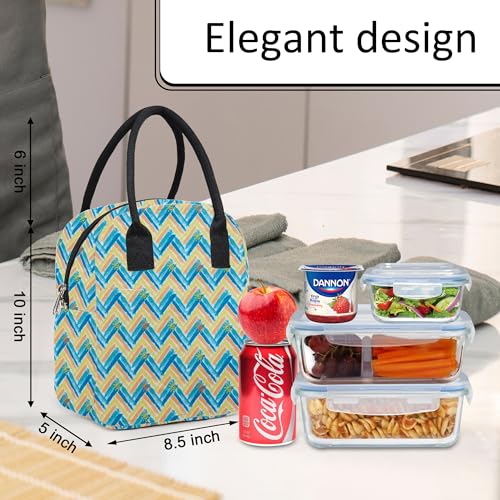 Image of Insulated Lunch Bag for Men and Women - Hot and Cold Travel Tiffin Carrier with Bottle Holder - Spacious Lunch Tote with Handle for Office, School, Picnic (Yellow Wave)