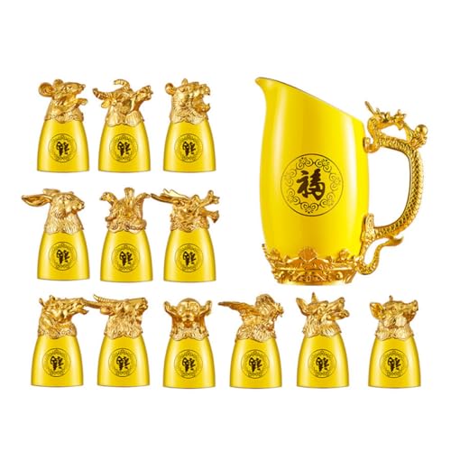 Lurrose Juego de Copas de Licor del Zodíaco Chino de Cerámica Amarilla Chapada en Oro, Set de 1 Dispensador de Vino Claro para Hogar, Bares y Cenas Obsequios