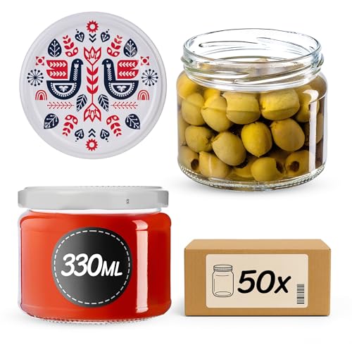 KADAX 50er Set Marmeladengläser 330ml TO82 Folklore I, Einmachgläser Vorratsgläser Mason Jar mit Schraubdeckel, Luftdichte Schraubgläser… – Ansicht 1