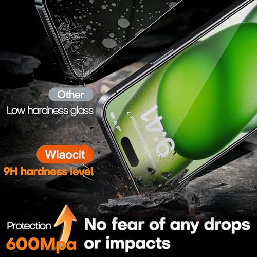 Image of Wiaocit 3 Pack Tempered Glass Privacy Screen Protector for iPhone 15 with 3 Pack Camera Lens Protector, 9H Hardness, Bubble Free, Case Friendly