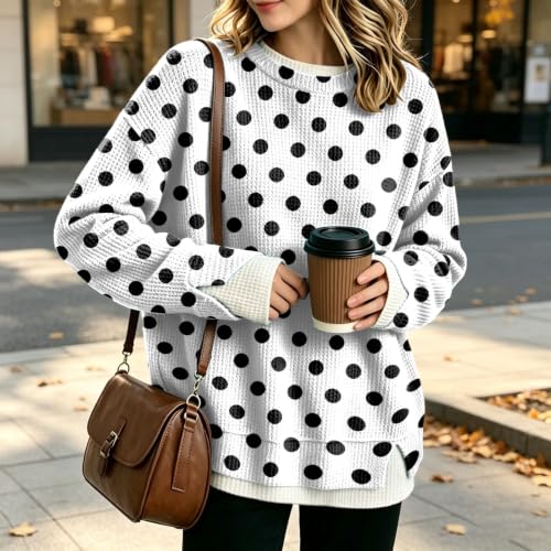 Waffle Knit Oversized Sweatshirt for Women Crew Neck Polka Dot Layered Tops - image 3