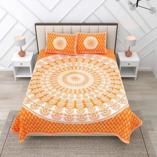 Image of RajasthaniKart Pure 100% Cotton Double Bed Sheet with 2 Pillow Covers (Bedsheet for Double Bed Cotton, Jaipuri, King Size Orange Mandala)
