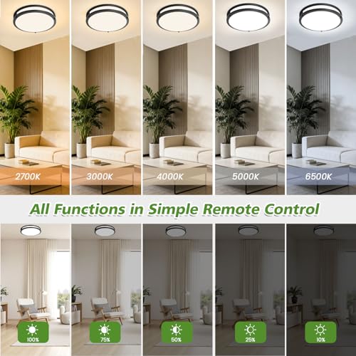13 Inch 3600lm Flush Mount LED Ceiling Light Fixture with Remote: 36W Dimmable Modern LED Ceiling Lights, 2700K/3000K/4000K/5000K/6500K Adjustable Black Kitchen Lighting for Bathroom Hallway, 1-Pack by IINVGOOD - Image 3