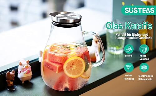 Foto von SUSTEAS 2 Liter 70 Unzen Glas Karaffe Krug mit Deckel und Auslauf, Wasserkaraffe, Eistee Krug, Saft Krug, für hausgemachte Getränke/Eistee/Milch/Kaffee/Wein