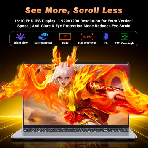 Image of Gaming Laptop i7, 16 inch Laptop Computer Up to 3.1GHz, 2026 Laptop Computers with 16GB RAM 512GB SSD, FHD 1920x1200, 180 Angle Open, Backlit Keyboard, Type-C, Mini HDMI, PC Lap top for Study Work