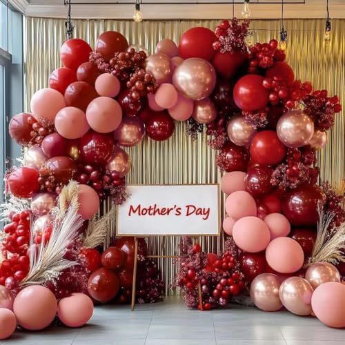 Image of Red Pink Balloon Garland Double Stuffed Burgundy Pink Balloons Dark Red Maroon Rose Gold Balloon Arch Kit for Birthday Bridal Wedding Birthday Mother's Day Graduation Party Decoration