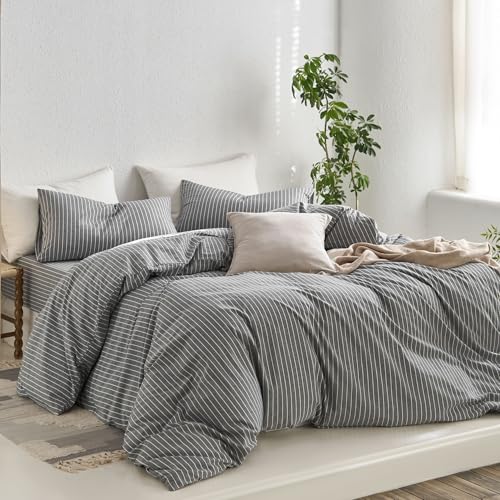 Image of MooMee Striped Duvet Cover Set 100% Washed Cotton Linen Like Twin | Relaxed Linen-like Texture. Soft, Breathable & Long-lasting Comfort. Lightweight. Hidden Zipper with 8 Interior Corner Ties