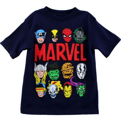 Marvel Little Boys' Logo Faces T-Shirt, Navy, 4