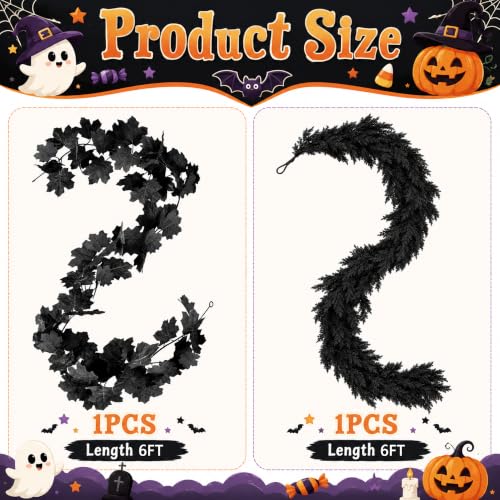 2-Pack 6' Watayo Black Halloween Cedar Garland & Maple Leaf Vine Set - image 2