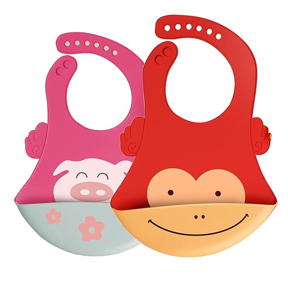 GUCHIGU Waterproof Silicone Baby Bib for Feeding Babies and Toddlers, Cute Cartoon Printing Unisex Set of 1, 2 & 3 Silicon Baby Bibs with Rice Pocket