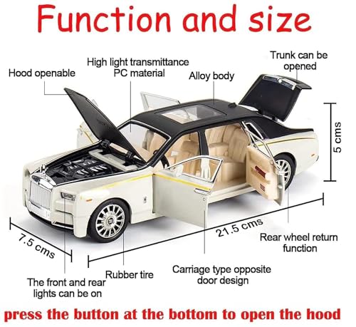 Image of Die Cast Rolls Royce Phantom Model Car, 1:32 Scale, Zinc Alloy, Pull Back, with Light & Sound, 6 Openable Doors, Multi Colour, for Kids & Collectors (Multicolor)