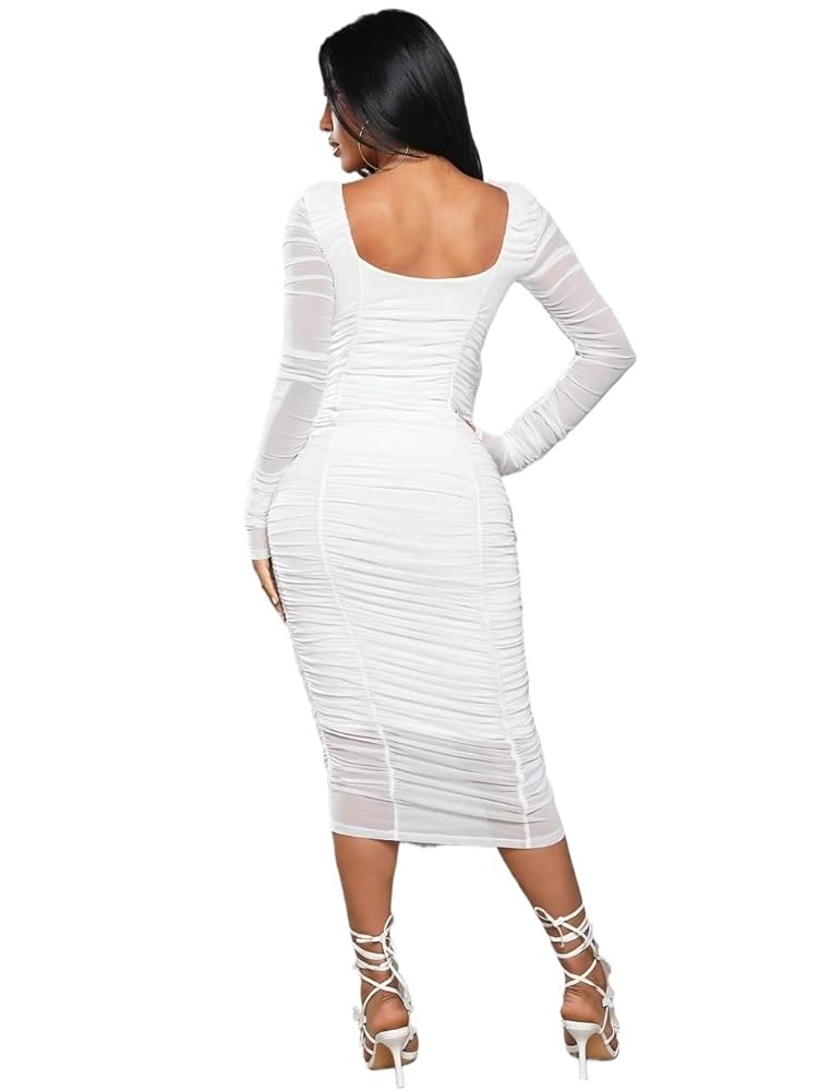 EISNOW 2024 Women's Midi Dress Long Sleeve Square Neck
