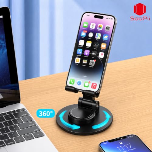 Image of Foldable Mobile Stand for Desk with 360 Rotating Base, Adjustable Phone Holder with Heavy Metal Base, Carbon Steel Desktop Stand, Anti-Slip Silicone Pads, Compatible with Smartphones up to 6.9 Inch