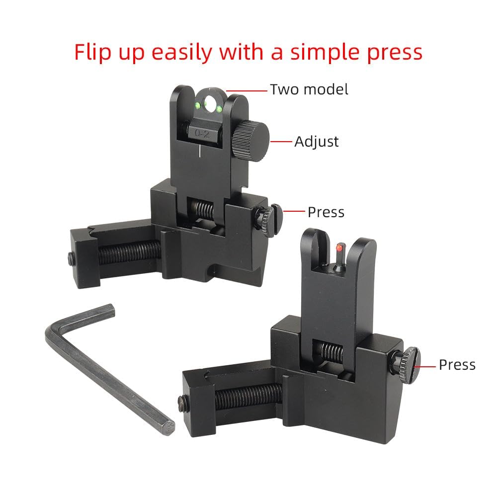 Aluminum Alloy 45 Degree Angled BUIS Front and Rear Flip Up Rapid Transition Backup Iron Sight For Rifle Scope(Black with fiber optic)