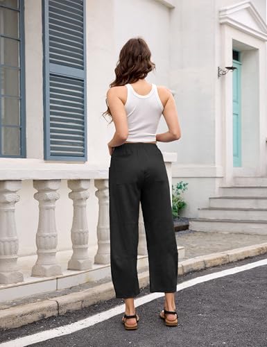 Lviefent Womens Wide Leg Barrel Pants Casual Elastic Waist Linen Cropped Harem Pants Trouser with Pockets4