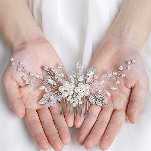 Latious Pearl Bride Wedding Hair Comb Silver Crystal Bridal Hair Pieces Leaf Hair Clip Hair Accessories For Women And Girls (A-Silver) #TOP1