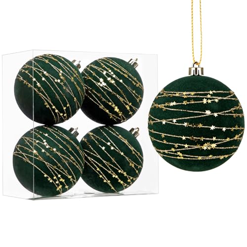 Hollyone 10cm Große Weihnachtskugeln aus Samt Dunkelgrün, 4PCS...