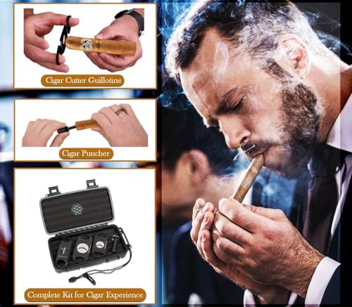 Mantello Cigars Travel Cigar Humidor Case - Cigar Case with 2 Ring, V-Cut & Punch Cutters - Waterproof & Airtight - Holds 5 Cigars- 5-Piece Cigar Accessories Cigar Gifts for Men