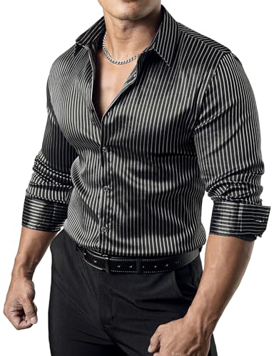 JOGAL Mens Striped Shirts Long Sleeve Textured Satin Party Shirt Slim Fit Wrinkle-Free Button Down Shirts