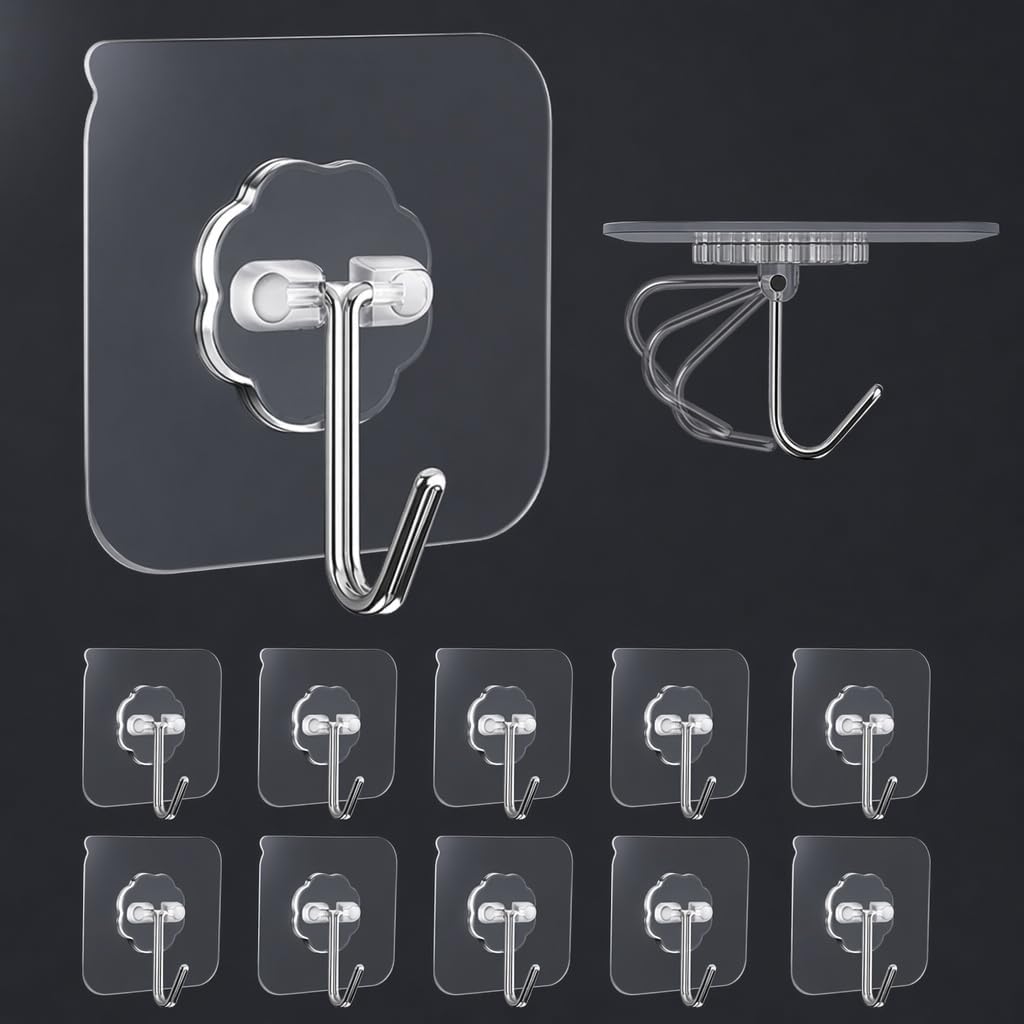 Paquete de 10 ganchos de pared adhesivos para colgar ganchos resistentes para toallas, ganchos transparentes impermeables para baño, ducha, cocina, llaves, puerta, exteriores, mejoras para el hogar, gancho utilitario