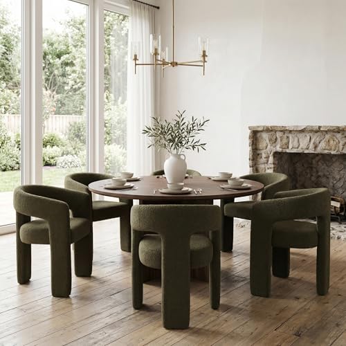 Image of HNY Modern Barrel Kitchen & Dining Room Chairs Set of 6, Sherpa Upholstered Accent Chairs with Arm, 18.5'' Wide Side Armchairs Vanity Chairs for Living Room Bedroom Makeup Small Spaces, Green