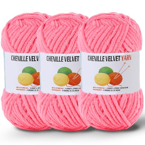 Image of 3 * 100g /3.5oz Fluffy Chenille Yarn for Crocheting, Chunky Velvet Yarn for Crochet Amigurumi, Used for Making Baby Yarns Blanket, Clothes, Pattern Knitting Creations (Dark Pink)