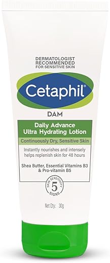 Cetaphil Dam Daily Advance Ultra Hydrating Lotion For Dry, Sensitive Skin| 30 G| Moisturizer With Shea Butter| Non-Greasy, Fragrance-Free| Paraben, Sulphate Free