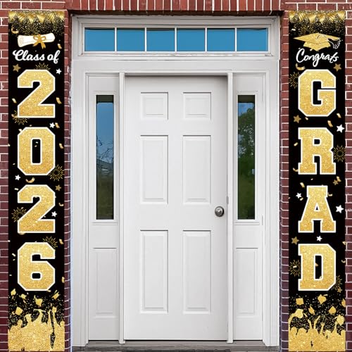 Image of 2026 Graduation Porch Sign Banner Black Gold | Class of 2026 Congrats Grad Porch Sign Banner Hanging Flag Graduation Party Decorations for School College Classroom Decor