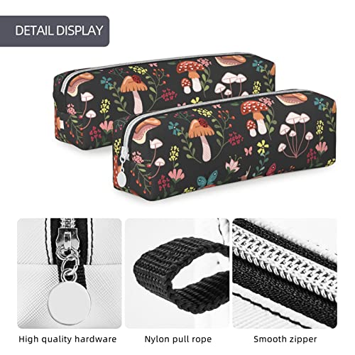 Image of Leather Pencil Case - Mushroom Snails Butterfly Flower Pattern, Stationery Bag Pen Organizer Makeup Cosmetic Holder Pouch for School Work Office College