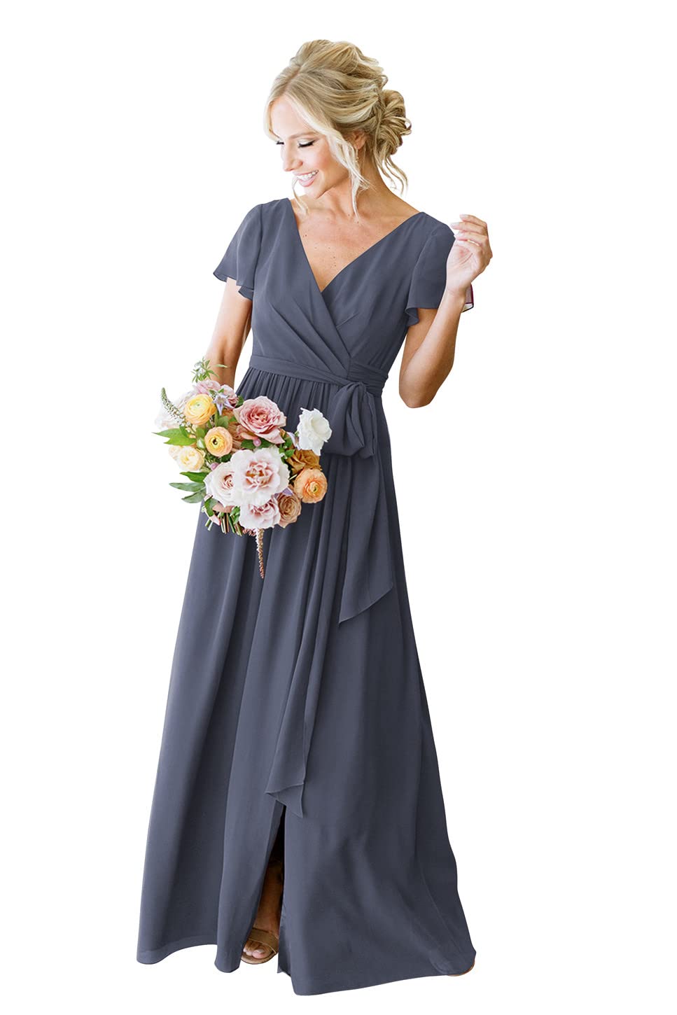 YMSHAYMHSHA Women's Bridesmaid Dresses Aline Long Pleated with Side Slit Formal Prom Party Gown YMPM09