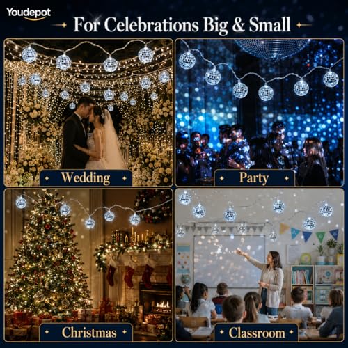 Bola espejada de 16 pulgadas Youdepot y luces de cuerda para bolas espejadas, decoración plateada para bodas, Navidad, fiestas y habitaciones miniatura 5