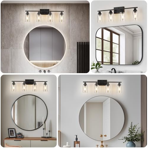 Image of Jonsi Modern Black Bathroom Light Fixtures, 4-Light Modern Black Vanity Light, Bathroom Vanity Light with Stripe Glass Shade, E26 Wall Sconces Over Mirror for Bathroom, Living Room, Hallway