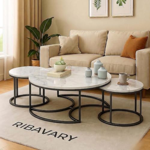 Image of Round Coffee Table Set of 3, Marble Laminated Accent Center Table with Sturdy Metal Base | Modern Foldable Nesting Stacking Tables for Living Room, Bedroom, or Apartments (Black White)