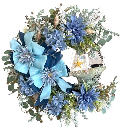 Summer Wreath for Front Door, Seaside Blue Floral Decor with