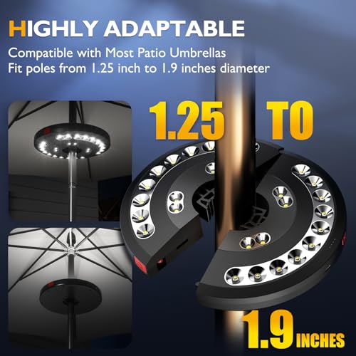 Image of Eletorot 2pcs Rechargeable Patio Umbrella Lights Outdoor Decor for Garden | 28 White LED 3 Lighting Modes for Patio Table 1.25-1.9inch Pole Light, Patio Lighting Pool Accessories, Backyard Light