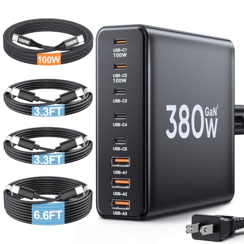 380W USB C Charger Block with 4 USB Cables Dual 100W Charging Station