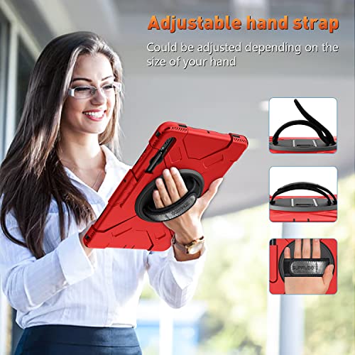 Supfives Case For Galaxy Tab S8 Ultra 2022 : Military Grade Heavy Duty Silicone Protective Cover For Tablet S8 Ultra 14.6 Inch W/S-Pen Holder + Rotating Stand + Handle + Shoulder Strap - Red #TOP5