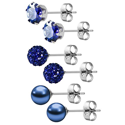 JEWELRIESHOP Birthstone Studs Earring Set Cubic Zirconia Rhinestones Crystal Ball Faux Pearl Stainless Steel Stud Earrings for Women Girl Jewelry Gift (6mm Round,3 Pairs)2