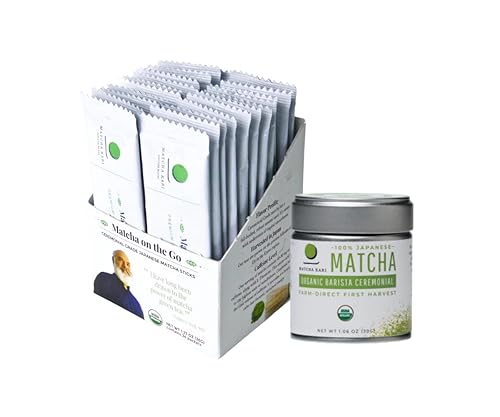 Matcha Kari Sticks + Barista Tin Bundle – 24 palitos de matcha ceremonial orgánico y lata de grado barista de 1.06 oz, paquetes de una sola porción,