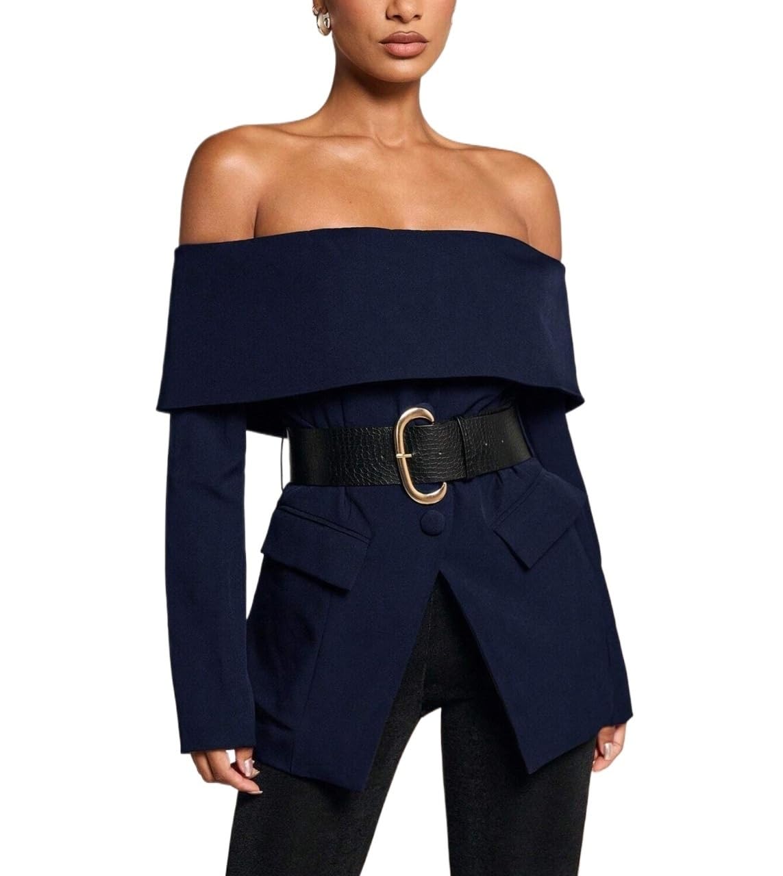 Off-The-Shoulder Blazer Belt Winter Coat Business Outfits Fashion Womens Lightweight Blazers