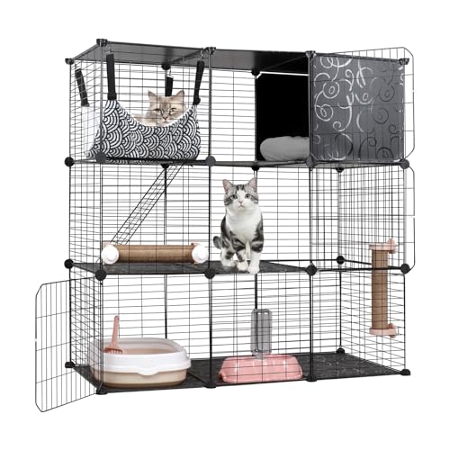 BriSunshine Katzenkäfig für Drinnen, 3-stufige DIY Katzengehege mit Großem Hängemattenbett, Metall-Draht Katzenhaus Zwinger mit Katzenklo,...