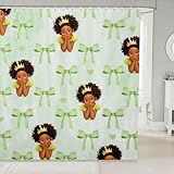 Cute Princess Bathroom Curtains for Kids Green Bowknot Marble Paint Shower Curtains,Fairy Tale Black Skin Girl Frog Crown Bath Curtains with 12 Hooks,Waterproof,72' W x 78' L