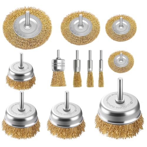 Drahtbürsten-Set für Bohrmaschine 12-teiliges Messingbeschichtetes Topf- & Rundbürsten Set Rost- & Farbentfernung 1/4 Zoll Sechskantschaft