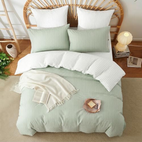 Image of Nayoroom Striped Duvet Cover Queen Reversible Green White Stripe Bedding