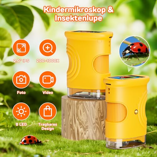 Mikroskop pro děti, 1080P HD 2,0' obrazovka kapesní mikroskop, Ashfly mobilní telefon digitální mikroskop LED světla - připojení k PC, mini mikroskop Venkovní dárky pro 4-12 let Oranžová