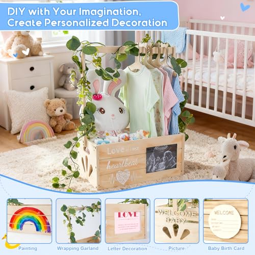LLMQ Wooden Baby Shower Crate Closet, Personalized Baby Shower Basket with Wreath & Hanger, Love at First Sight Sonogram Picture Frame, Easy Assembly Baby Clothes Storage Box for Pregnancy Gift — view 2