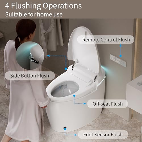 Inodoro inteligente con bidé integrado, inodoro inteligente alargado sin tanque, descarga automática, agua tibia y secador, asiento calefactado de cierre suave, pantalla digital, distancia de instalación de 12 pulgadas miniatura 4