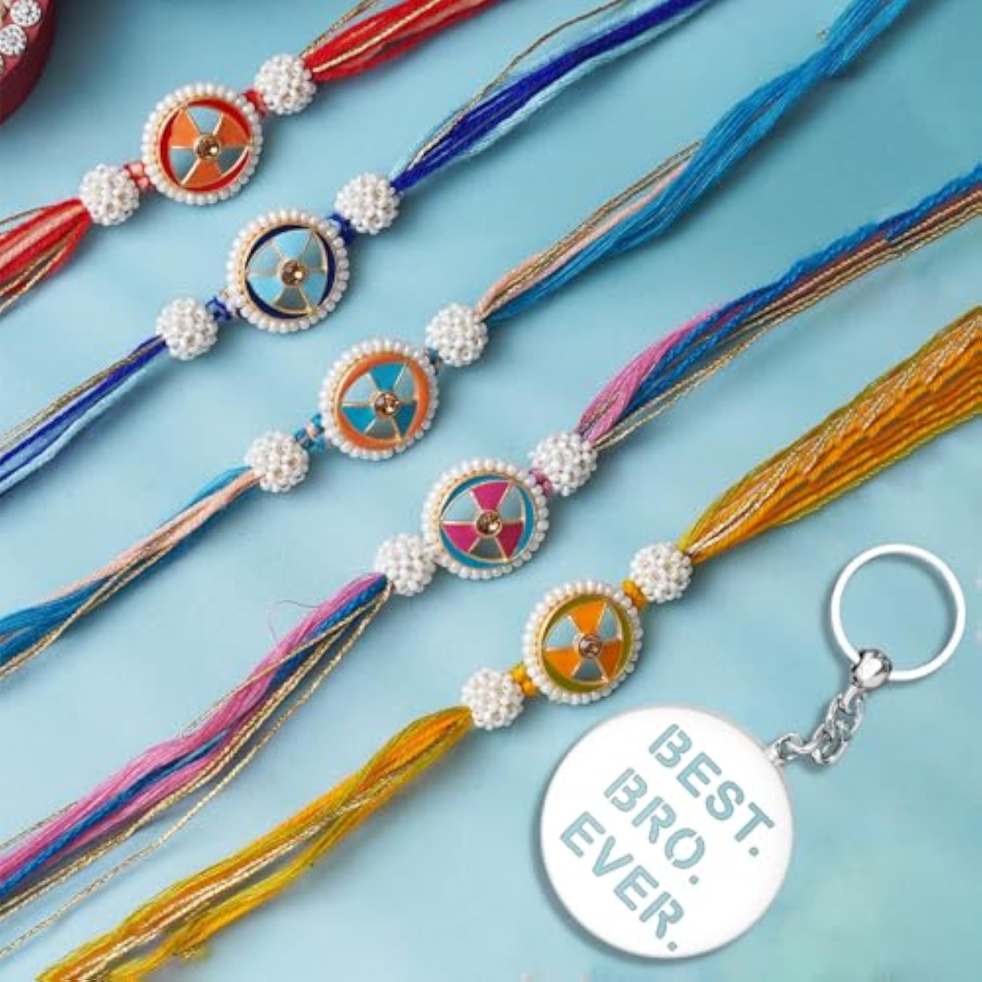 Set of 5 Multicolor Floral Pearls Designer Rakhis, Gift Combo